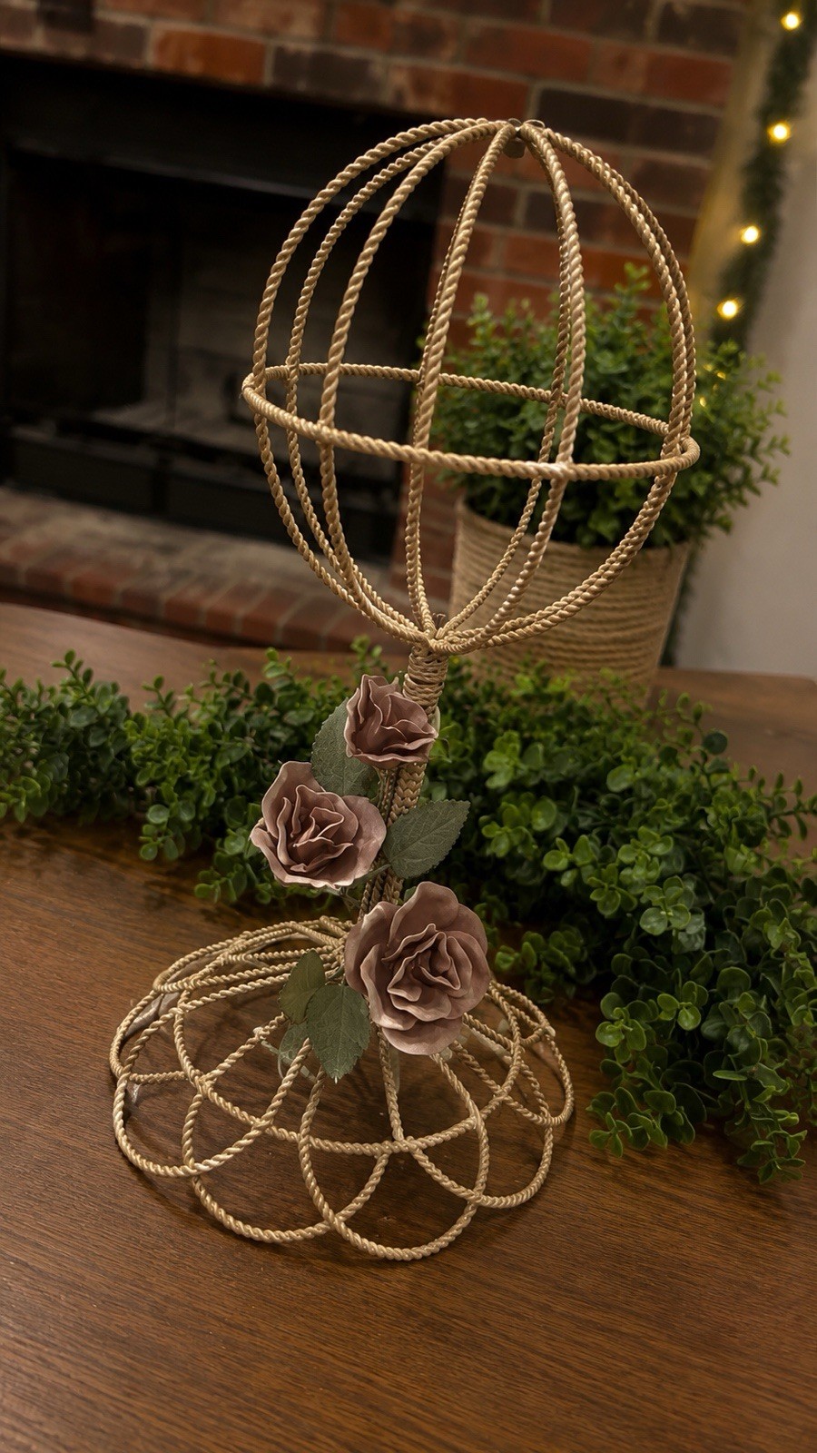 Vintage Twisted Wire Metal Hat Wig Display Stand Tole Roses Victorian Cottage