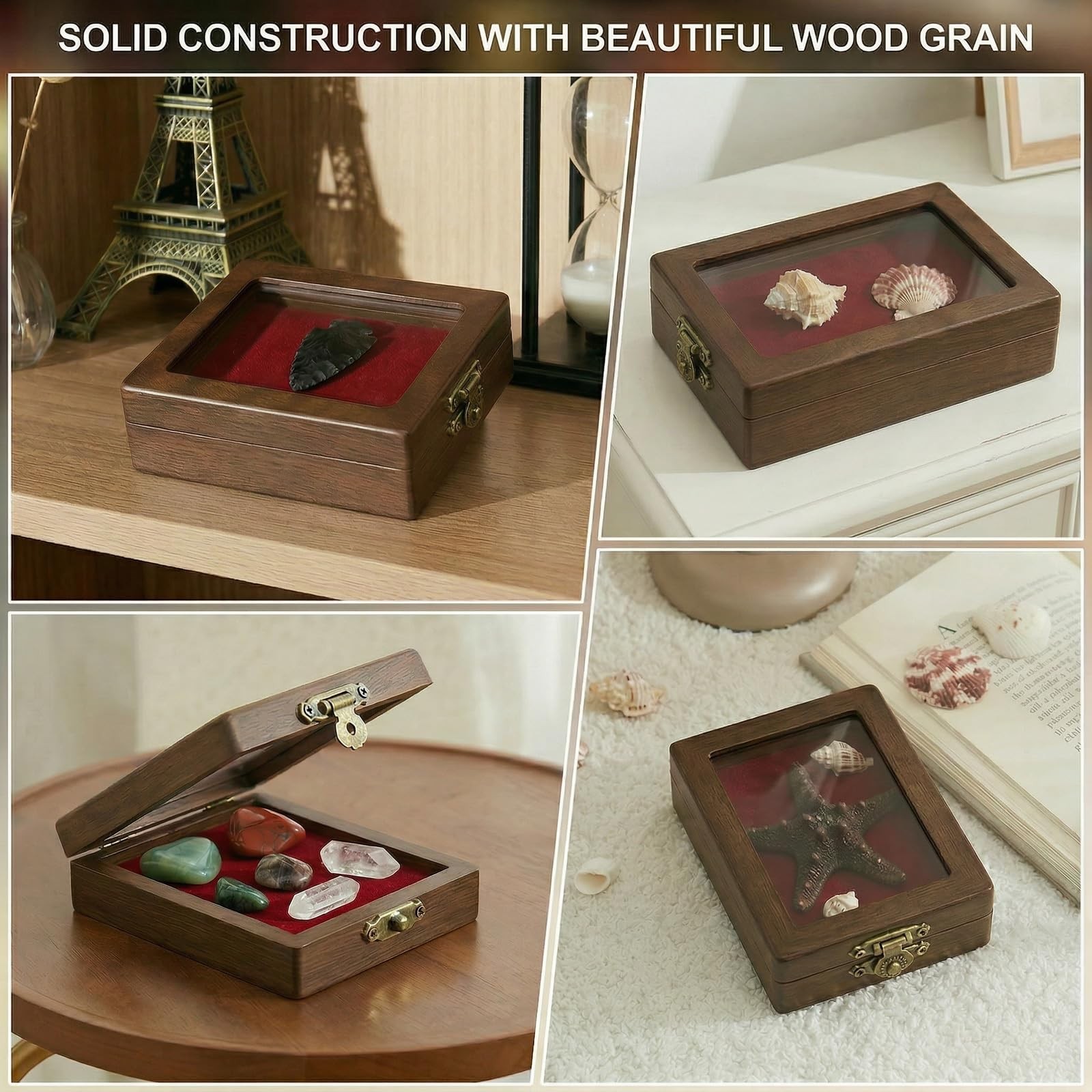 Arrowhead Display Case: Small Wood Shadow Box Cabinet with Glass, Brown