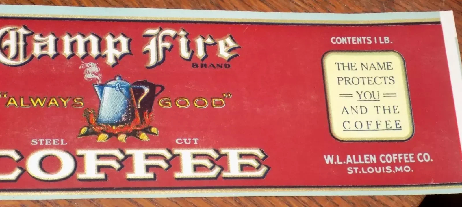 Antique Vintage Camp Fire Coffee Paper Can Label Allen Co St Louis Mo 17″ x 3.5″