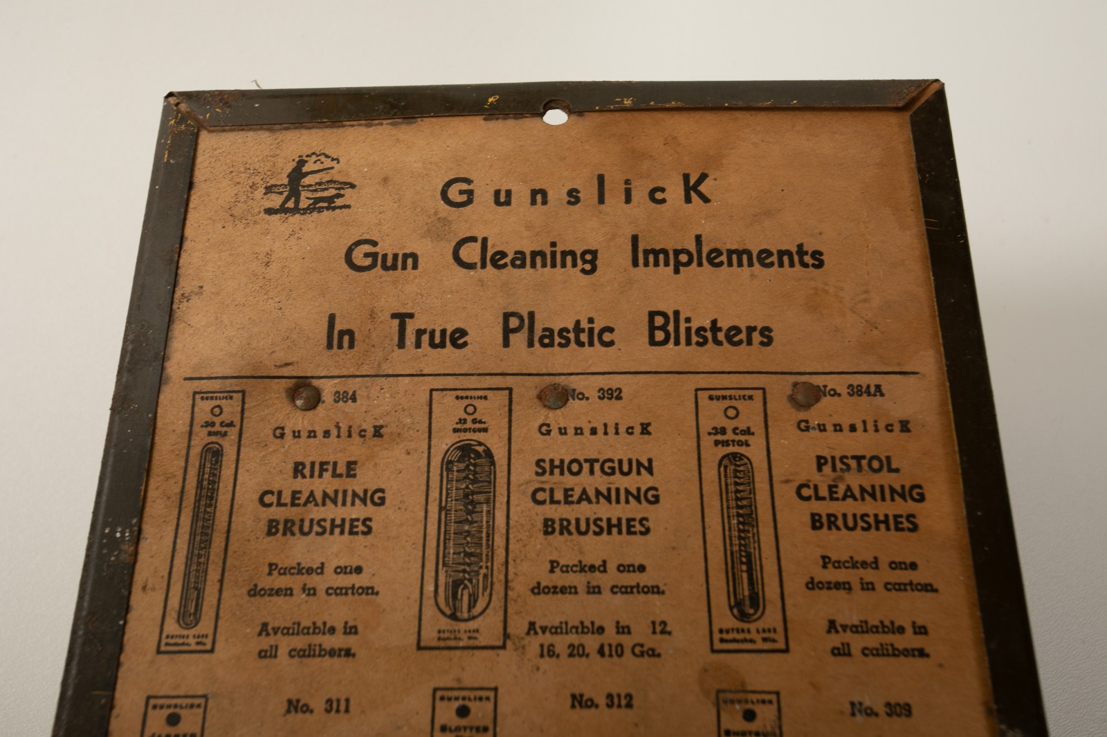 Gunslick Brushes Gun Store Display (B10C/JSF6) Hanging Tin w/Paper Back