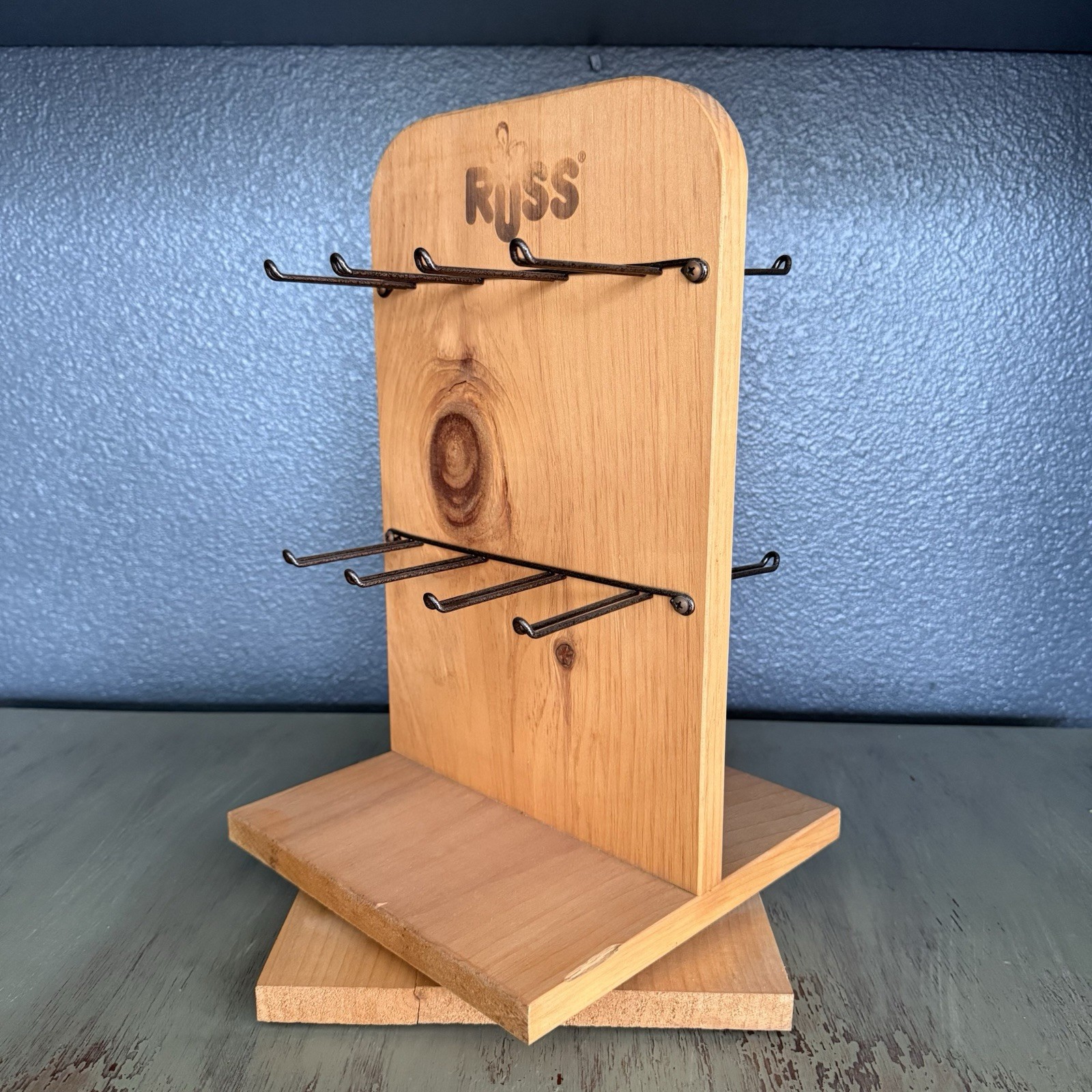 VTG Russ Store Display Stand Wood Swivel Double Sided 16 Metal Hooks Lazy Susan