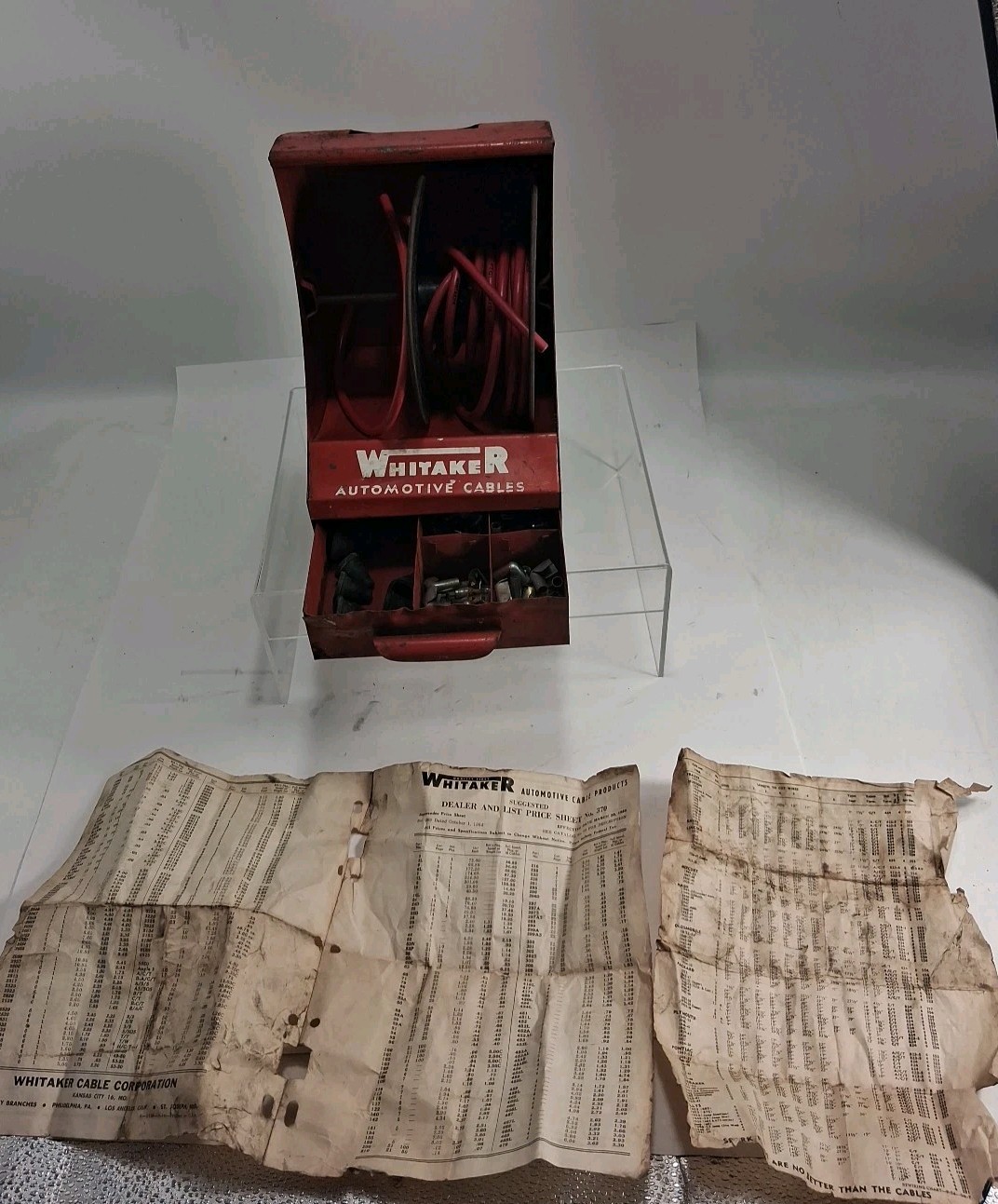 Vtg 1954 WHITAKER Automotive Service Cable Display & Contents Read Look Dented