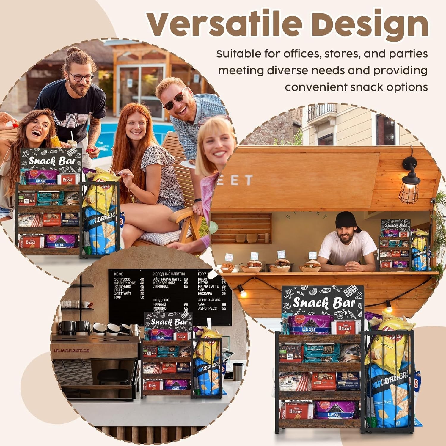 Rustic Wood & Metal Snack Organizer 4-Tier Display for Kitchen & Retail Spaces