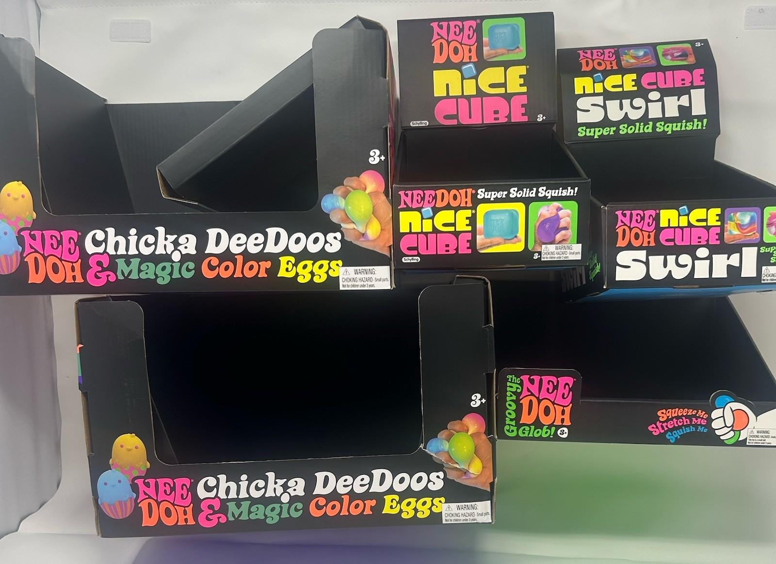 Lot of 5 Schylling NeeDoh Store Display Boxes – Eggs, Cubes & Color Change EMPTY