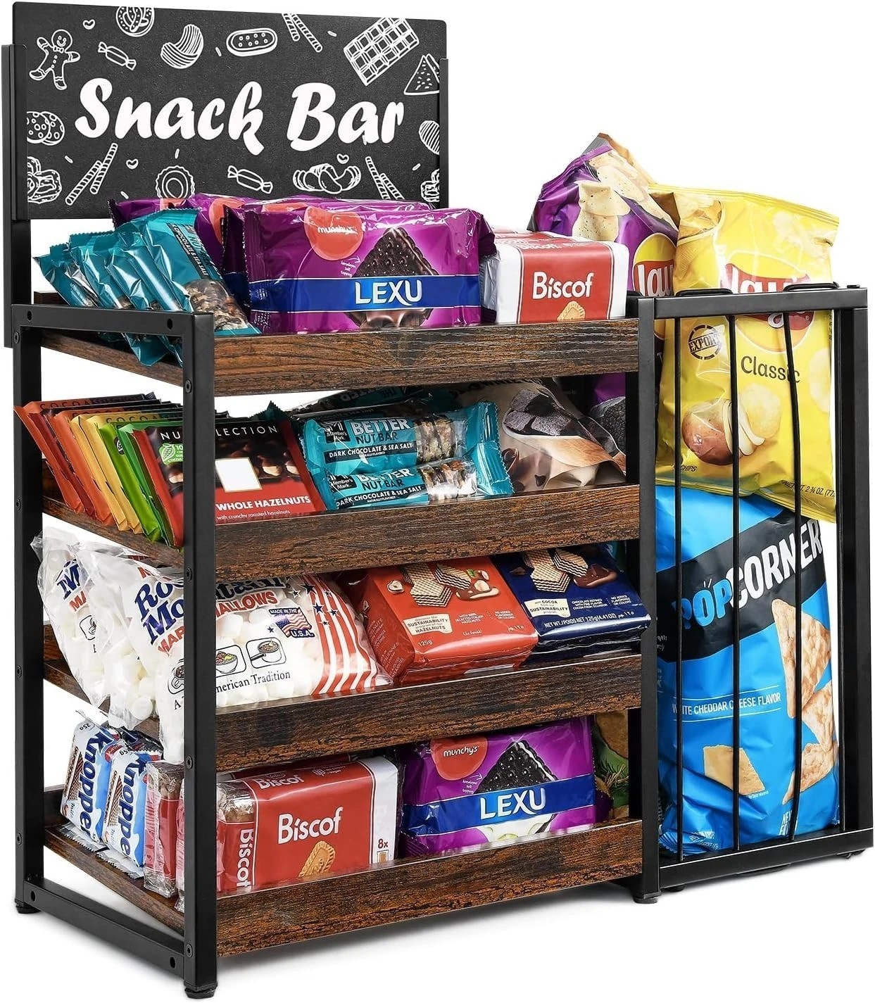 Rustic Wood & Metal Snack Organizer 4-Tier Display for Kitchen & Retail Spaces