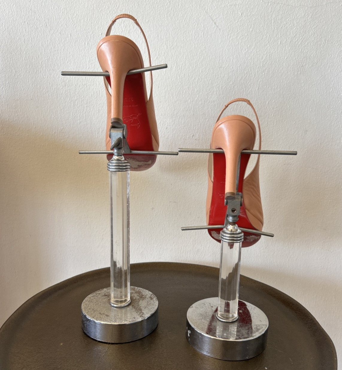 Set of 2 Vintage Shoe Display Stand Mercantile Art Deco Chrome Acrylic? AS IS