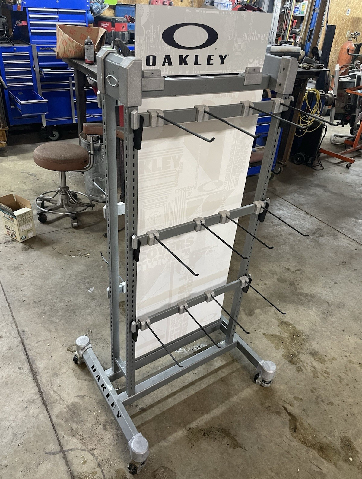 Oakley Store Display Rack Floor Stand w/ Logo Sign, Hooks Arms, Silver/White