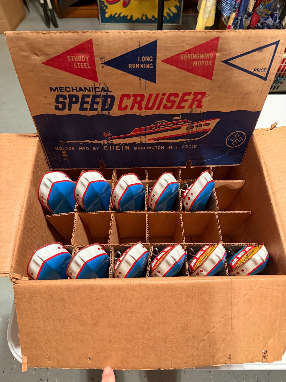 RARE J. Chein Tin Speed Boats w/Orig BOX DISPLAY/SIGN-NOS Lot of 11-All Working❗