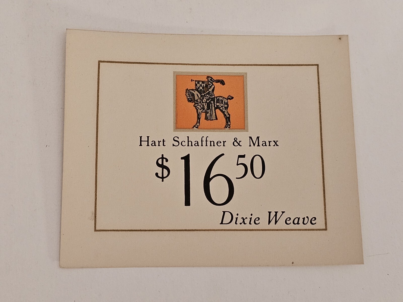 Vintage Hart Schaffner & Marx $16.50 Price Ticket Tag Dixie Weave