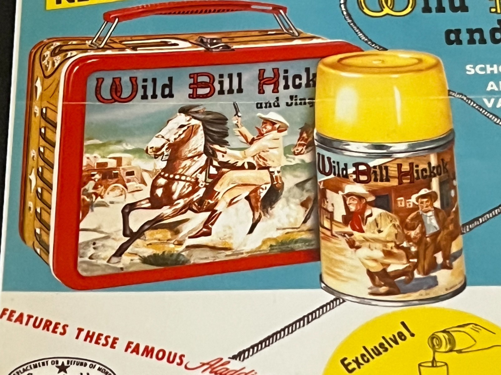 1955 Aladdin Wild Bill Hickok & Jingles School Luch Kit In store Display Sign-