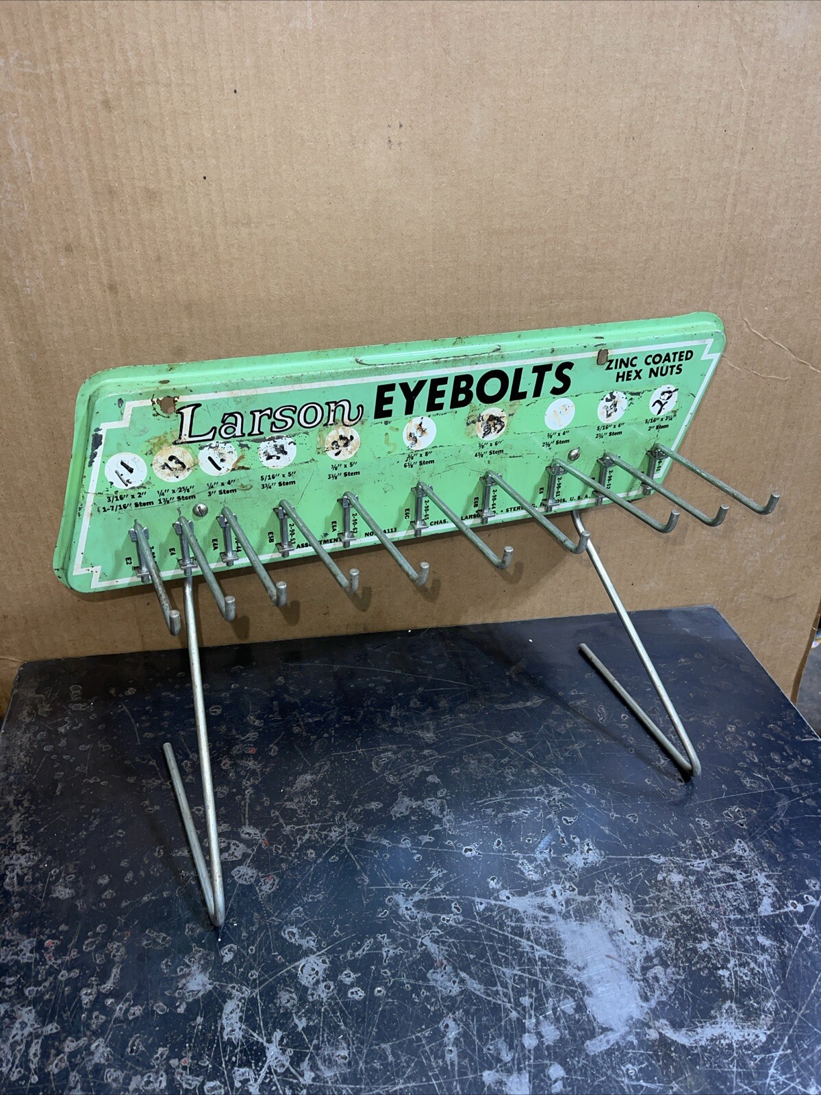 Antique Vintage Larson Eyebolts Hardware Display Rack Tin