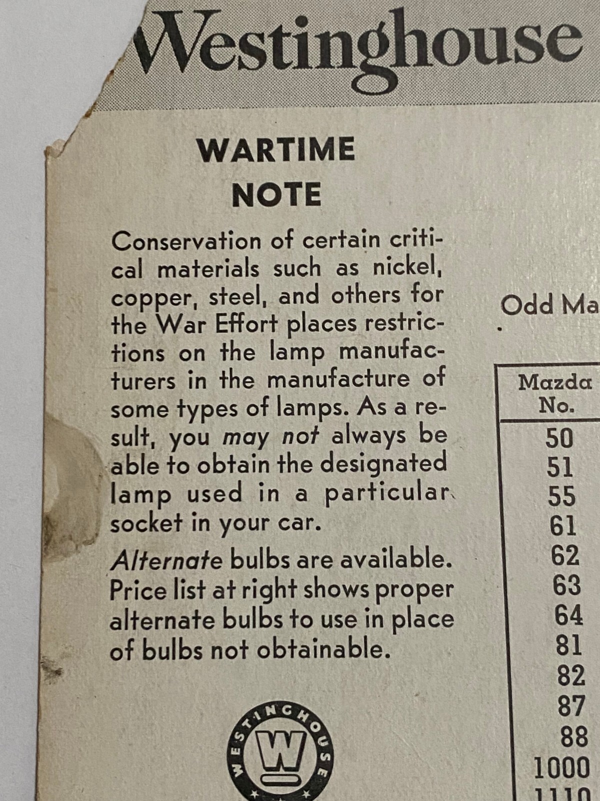 WESTINGHOUSE MAZDA Auto Bulbs Store Display Sign Card 1940s WWII, rare