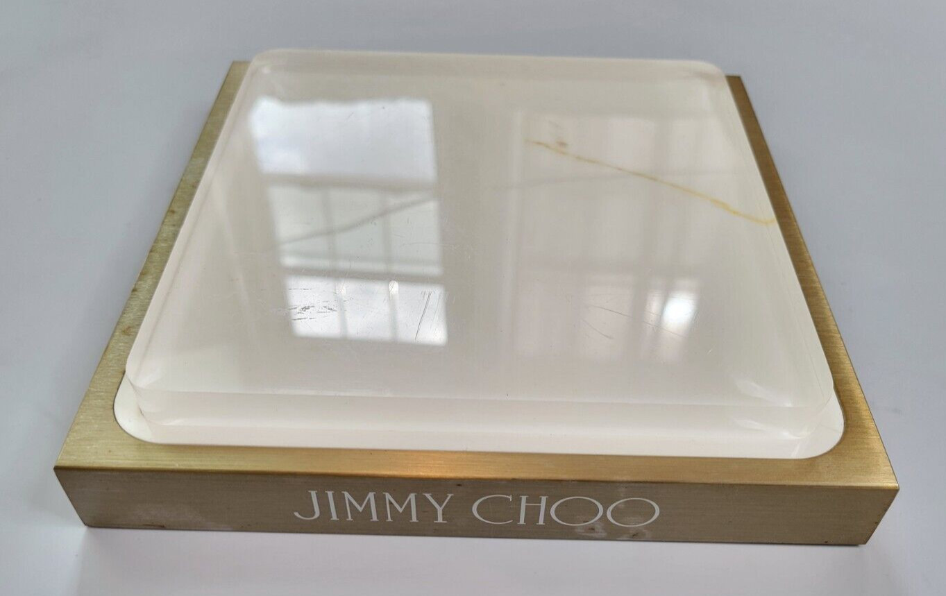 JIMMY CHOO GOLD & WHITE ONE PIECE LOGO DISPLAY IN STEEL METAL BRONZE PLEXIGLASS