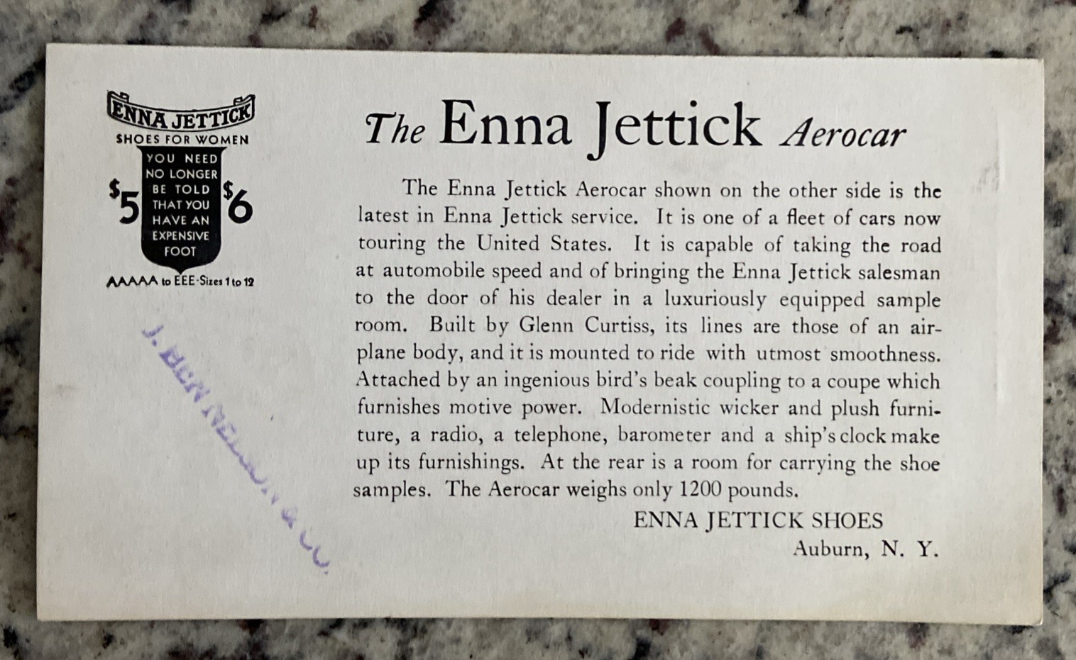 1930 Trade Card Curtiss Airplane Aerocar Trailer Enna Jettick Shoe Sales Display
