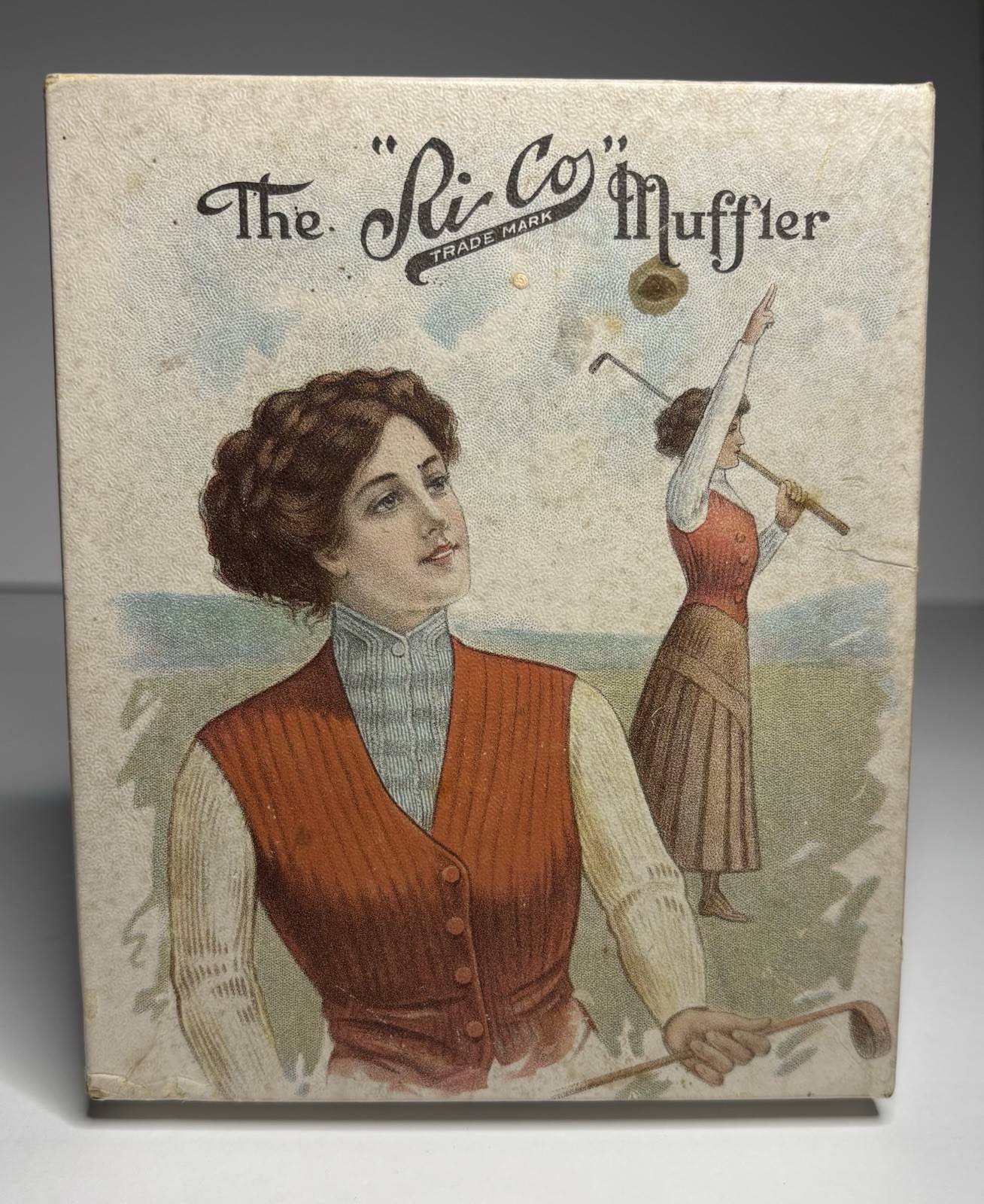 Antique Sli-Co Muffler Box Lady Golfer Golf Advertising Lithograph 1911