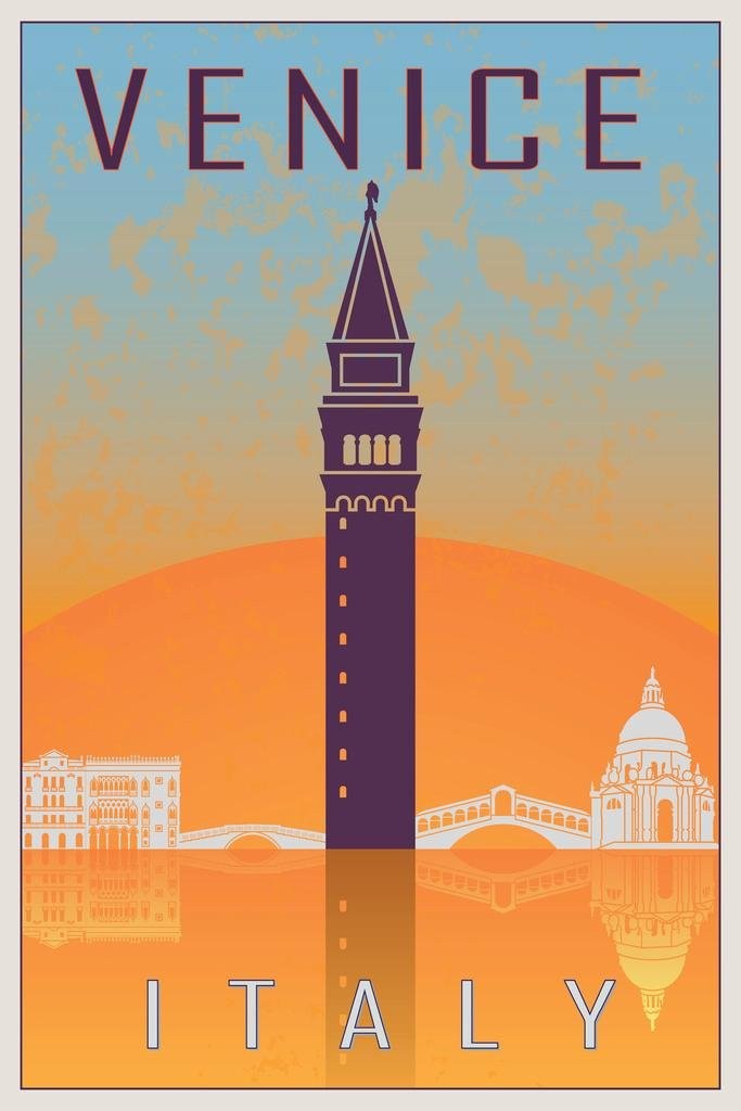 Laminated Venice Italy Retro Travel Art Poster Dry Erase Wall Art 24×36