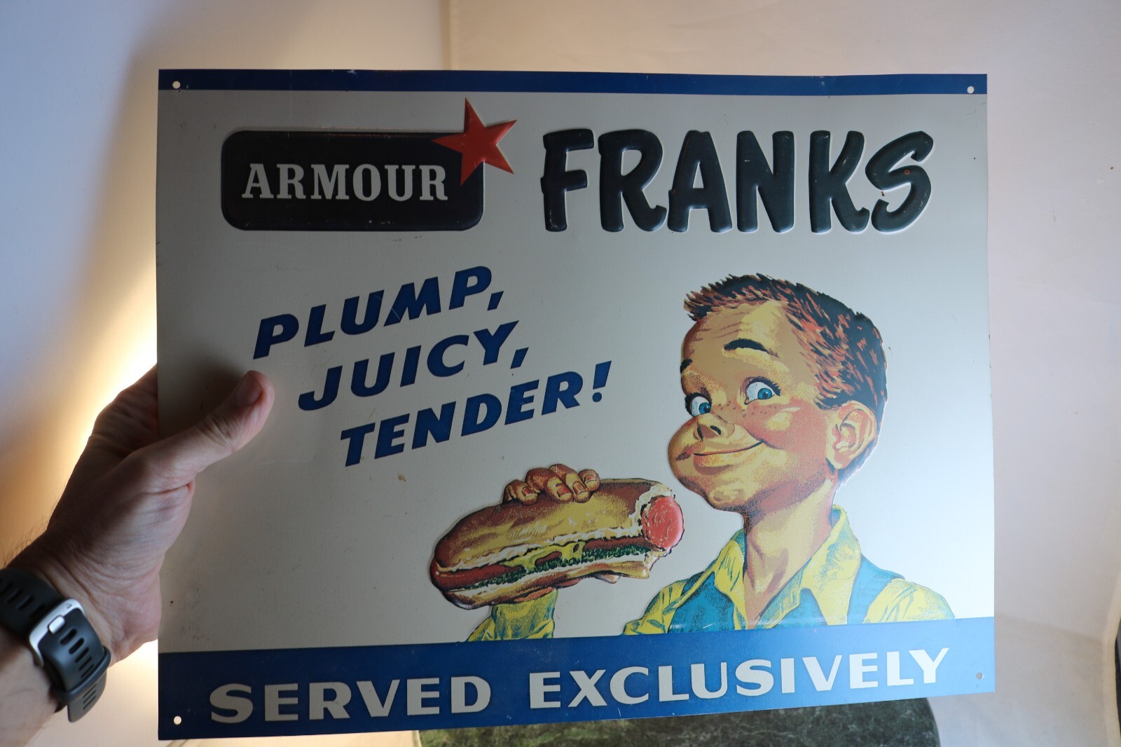 Vtg Embossed Armour Franks Plump, Juicy, Tender! Metal Sign 11.5 x 15.5