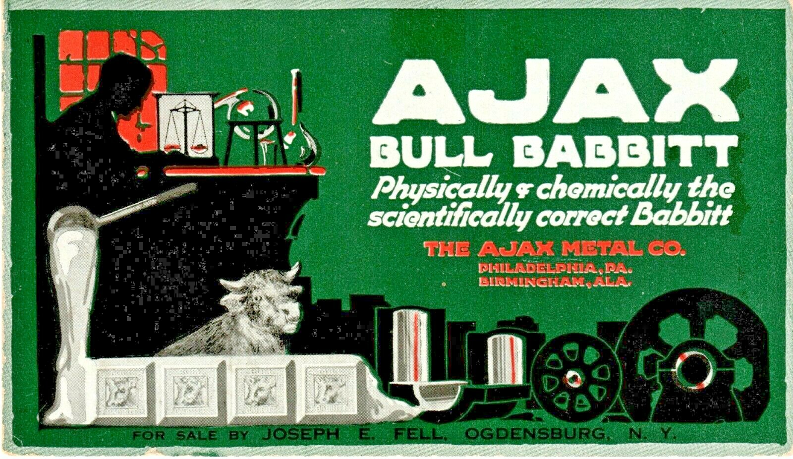 AJAX METAL Co BULL BABBITT ALLOY PHILADELPHIA Old Advertising- Ogdensburg Fell