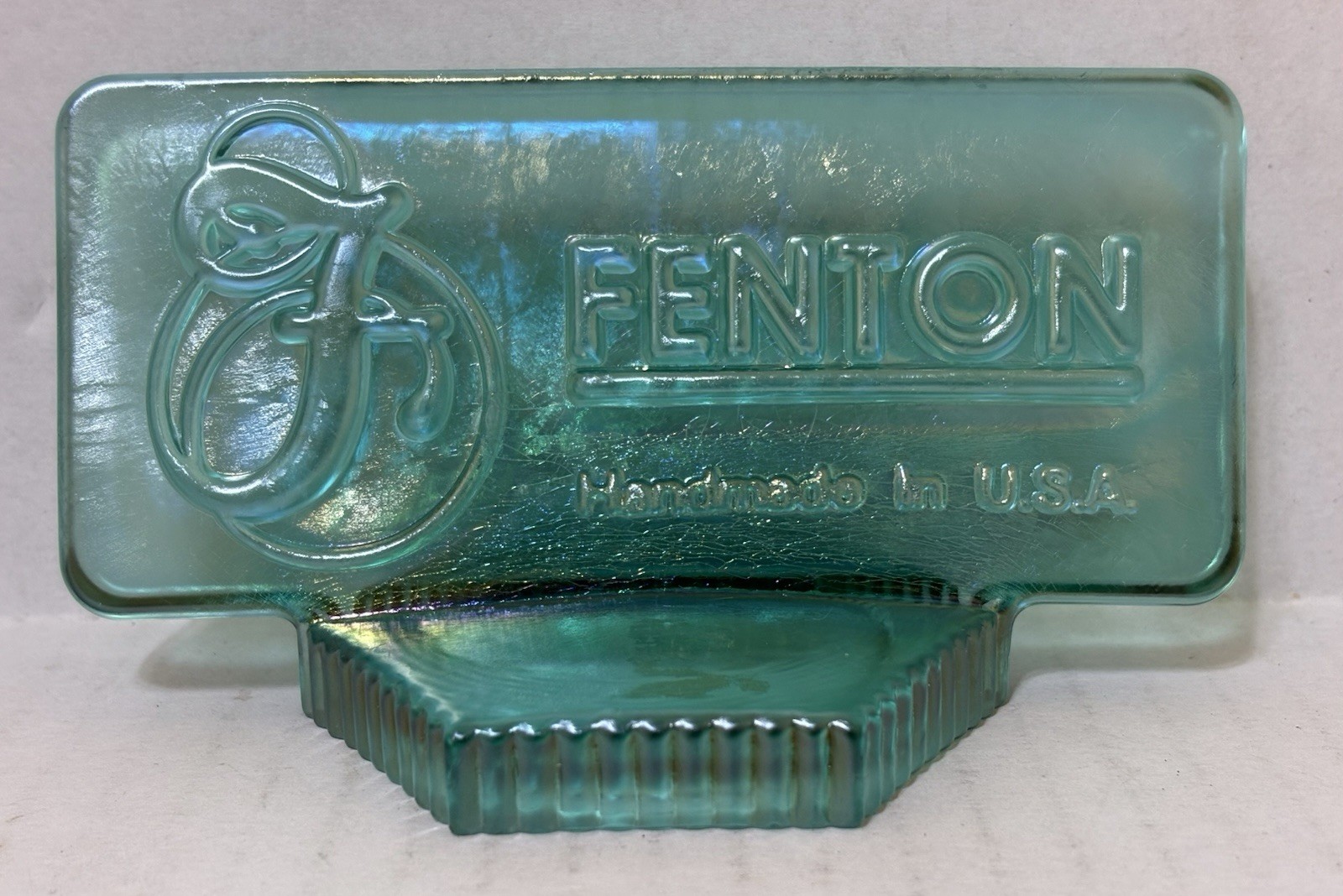 Vintage FENTON Dealer Store Display Sign Logo 5″ Green Iridescent Art Glass