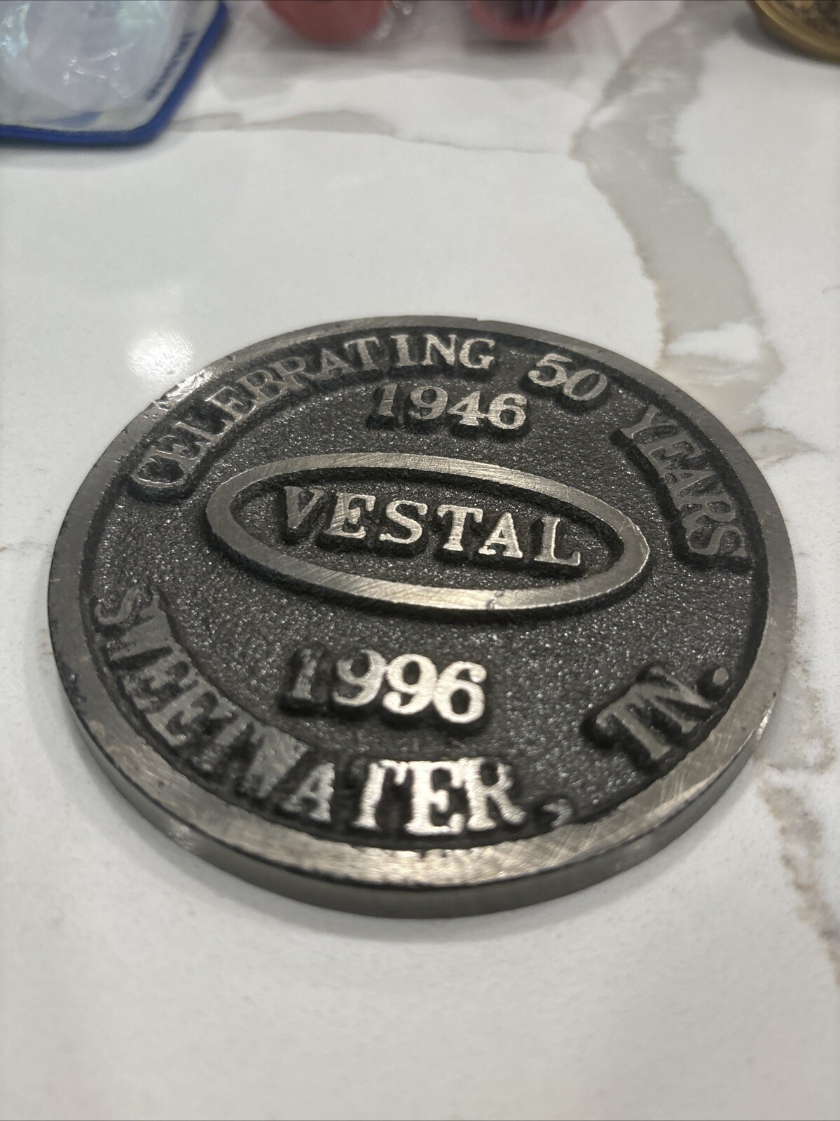 Vestal Stove Co. Sweetwater, Tenn. 50 Years Round Nameplate Display Paperweight