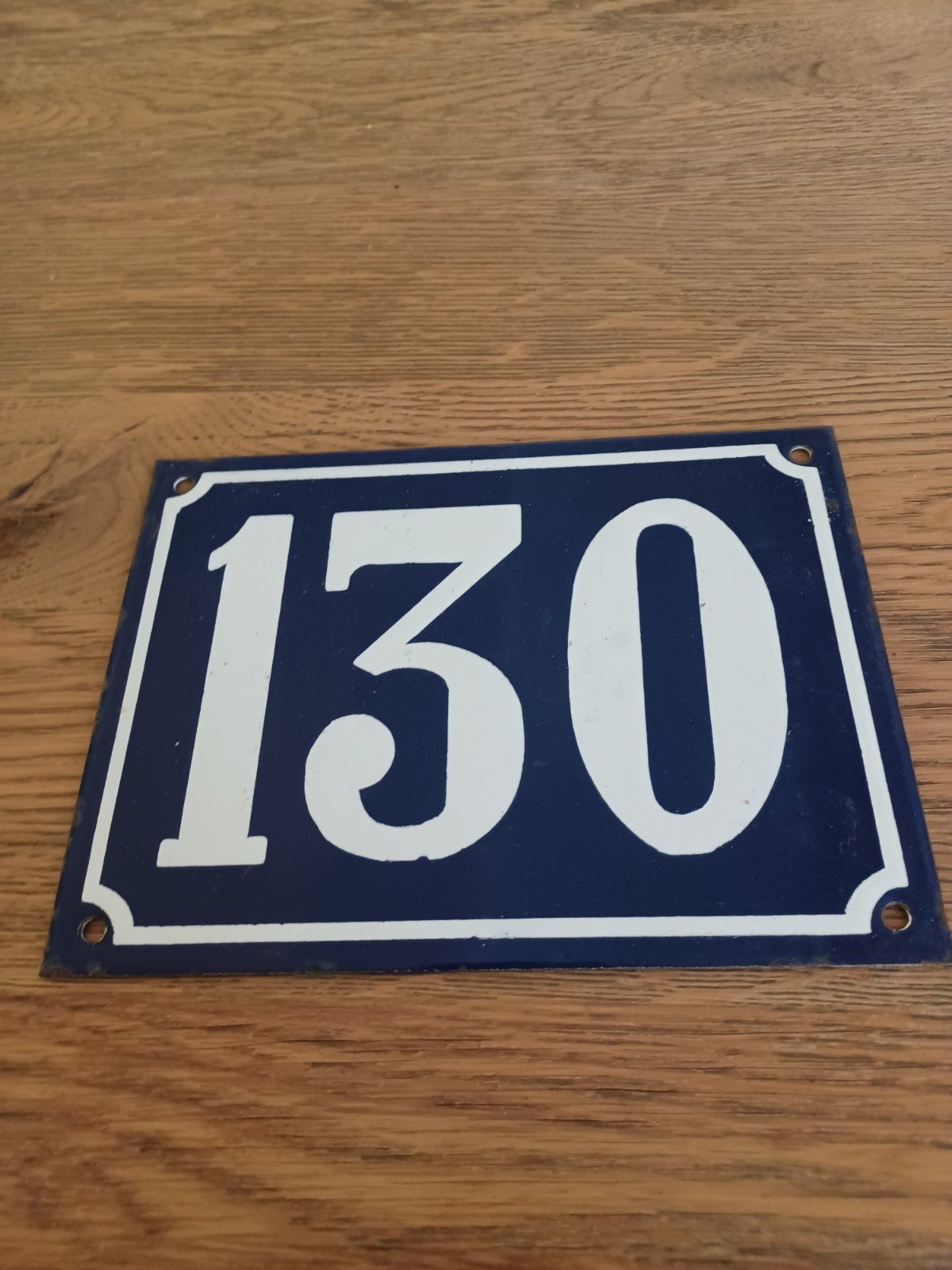 Large Antique Enameled Plaque Street Number 130 20X15cm Navy Blue Enamel