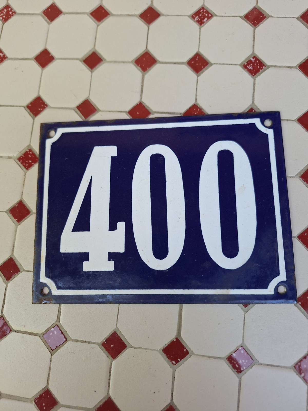 Large Antique Enameled Plaque Street Number 400 20X15cm Navy Blue Enamel