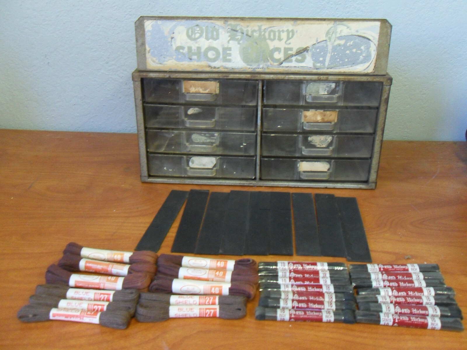VTG Antique Old Hickory Shoe Laces Store Display Cabinet 14 LACES + 11 OTHER