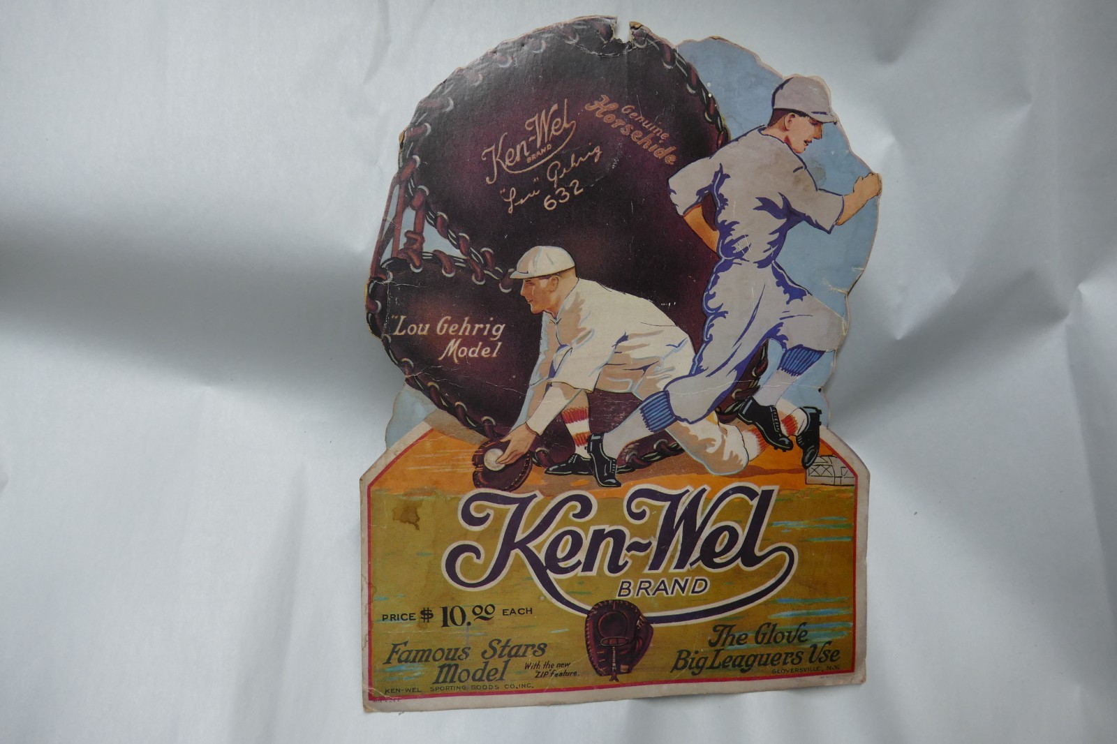 antique advertising store die cut display Ken Well Lou Gehrig baseball glove