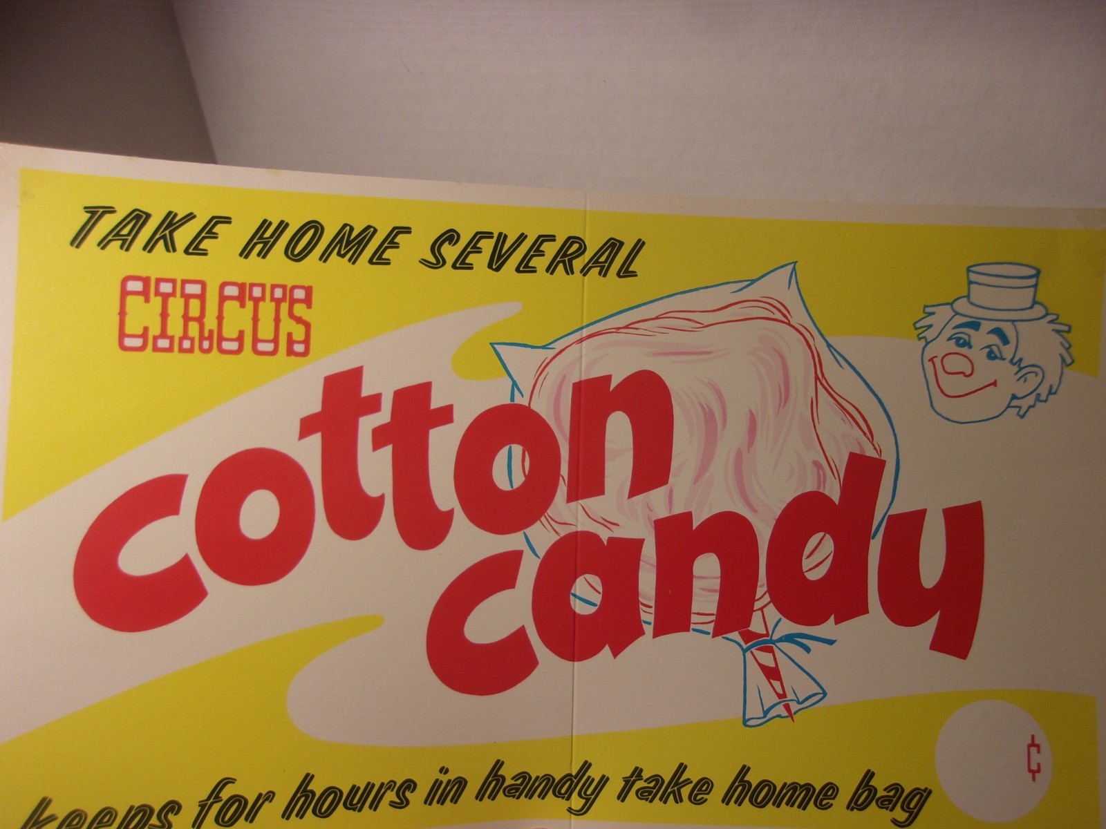 Vintage CIRCUS COTTON CANDY Cardboard 15″ vendor advertising SIGN w/ CLOWN