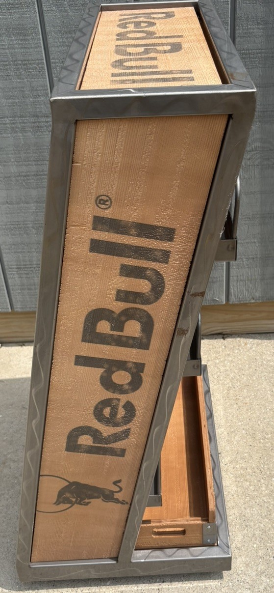 RED BULL – RETAIL DISPLAY SHELF – WOOD AND BRUSHED METAL UNIQUE **BRAND NEW**