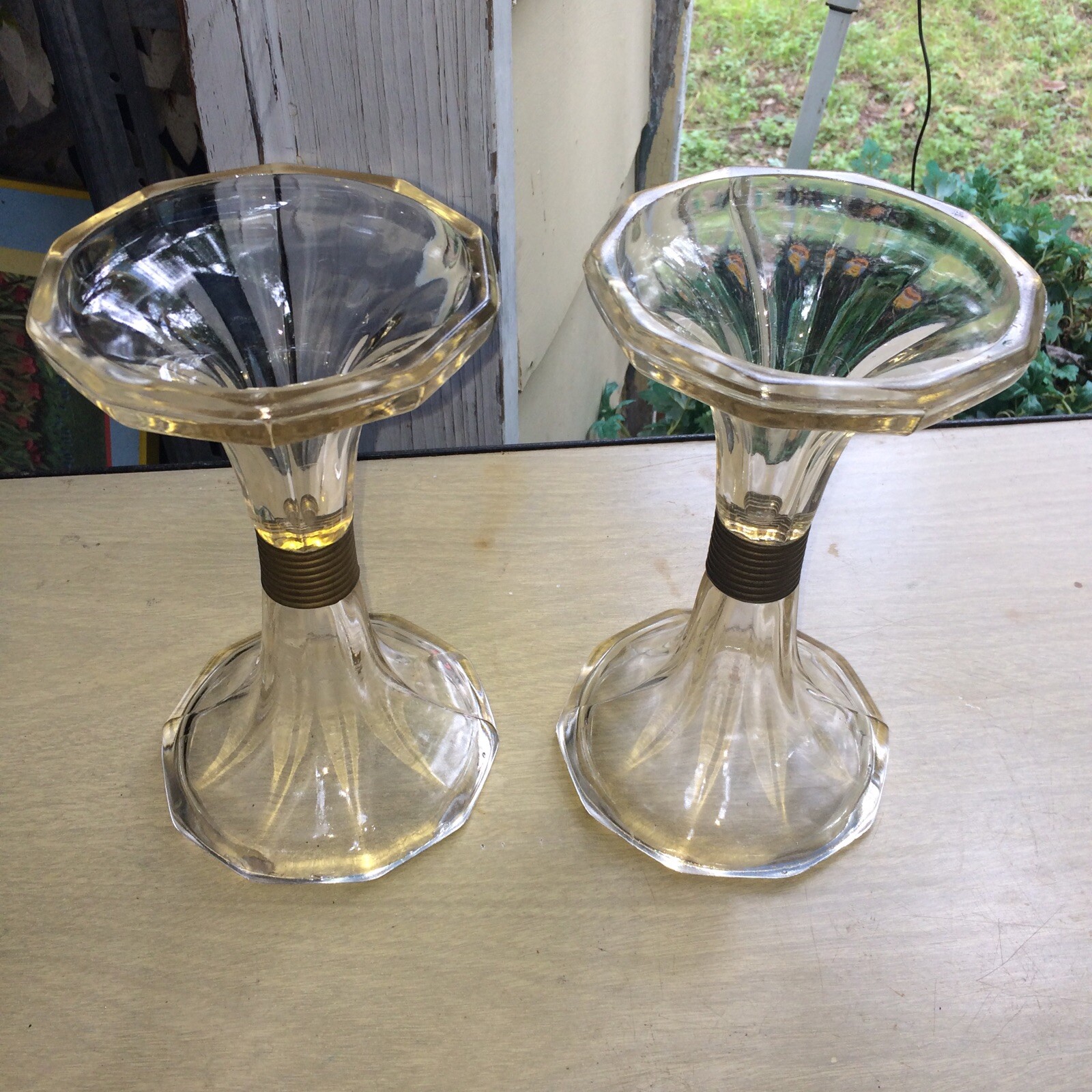 (2) Antique Old Country General Store Display Corseted Glass Shelf Risers Stands
