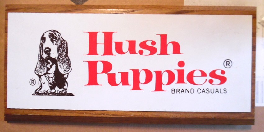 Hush Puppies Shoes Sign Metal & Wood Vintage Counter or Desk sign, Stands