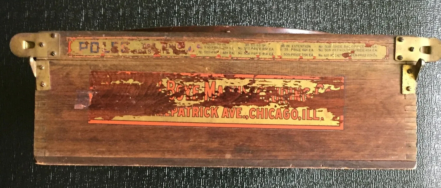 1926 WOODEN BOX w METAL DIAL CHART CURTAIN FIXTURES JAMES H. BOYE MFG CO Chicago