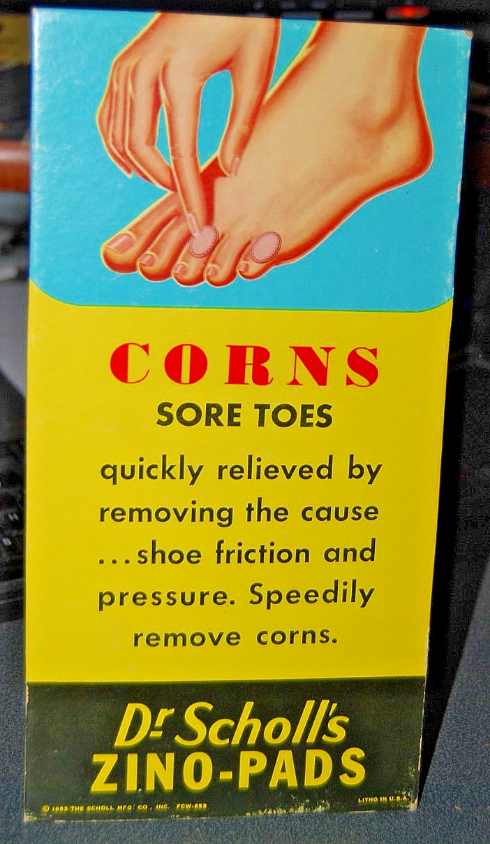 VINTAGE 1953 DR SCHOLL’S ZINO PADS for CORNS DRUG STORE DISPLAY SIGN 10″ X 5″