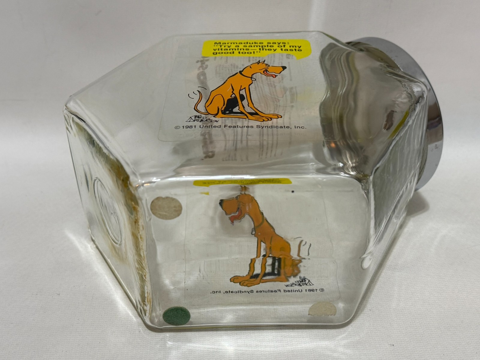 Vintage 1981 Marmaduke Retail Glass Countertop Store Display Dog Vitamin Sample