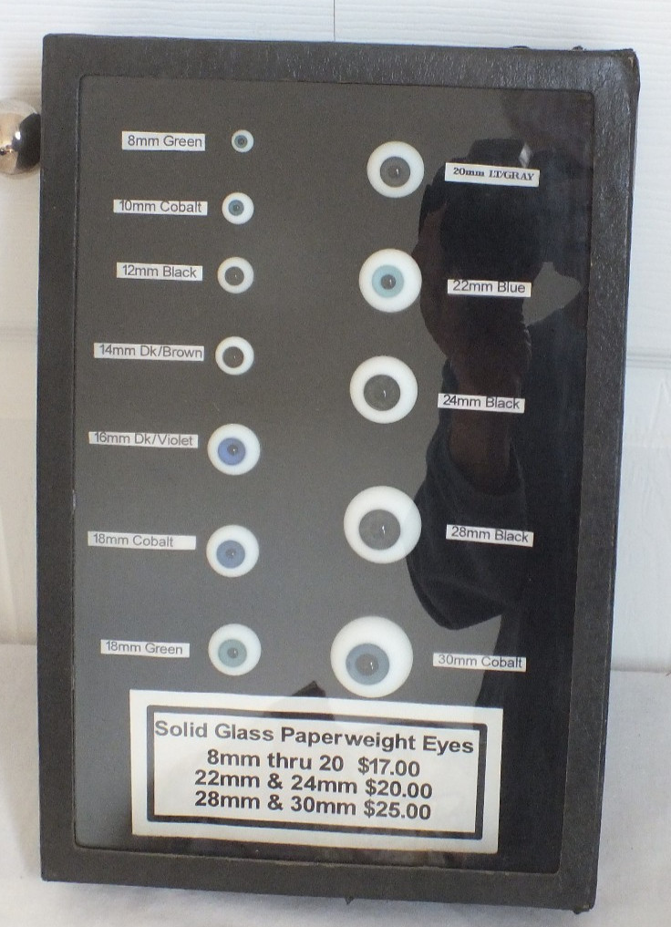 GLASS PAPERWEIGHT DOLL EYES eyeball Store DISPLAY cardboard glass front case vtg