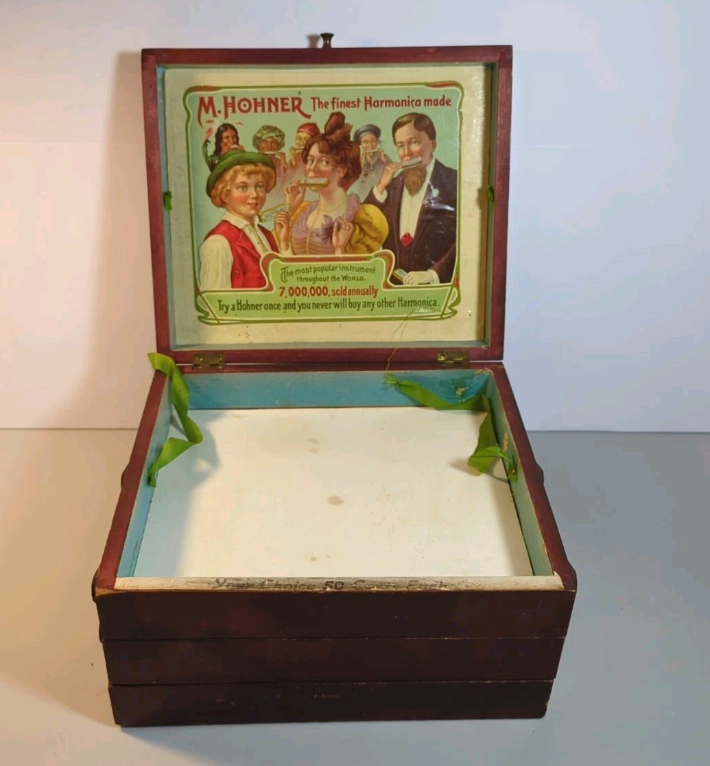 Antique M. Hohner Harmonica Store Display Case Box Advertisement Vintage Germany