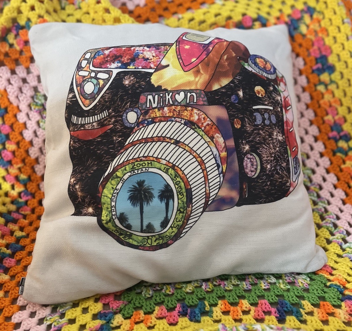 VTG Nikon Pillow 18×18” Boho Pop Art Camera Photography Advertising Decor