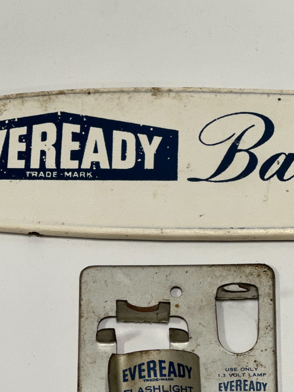 Vtg Advertising sign EverReady flashlight battery tester No.131 and rack topper