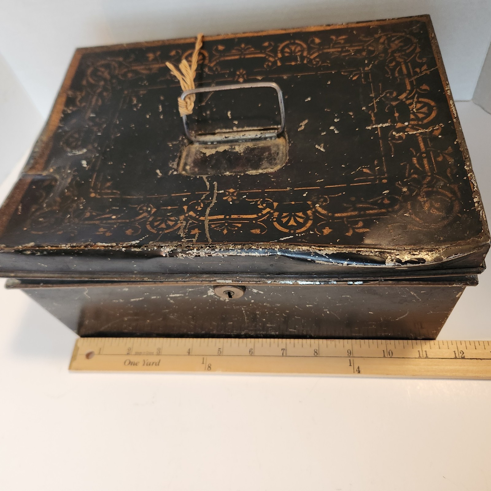 Antique Safe Metal Cash Money Box Black Locking w/Key Gold Scrollwork Distressed
