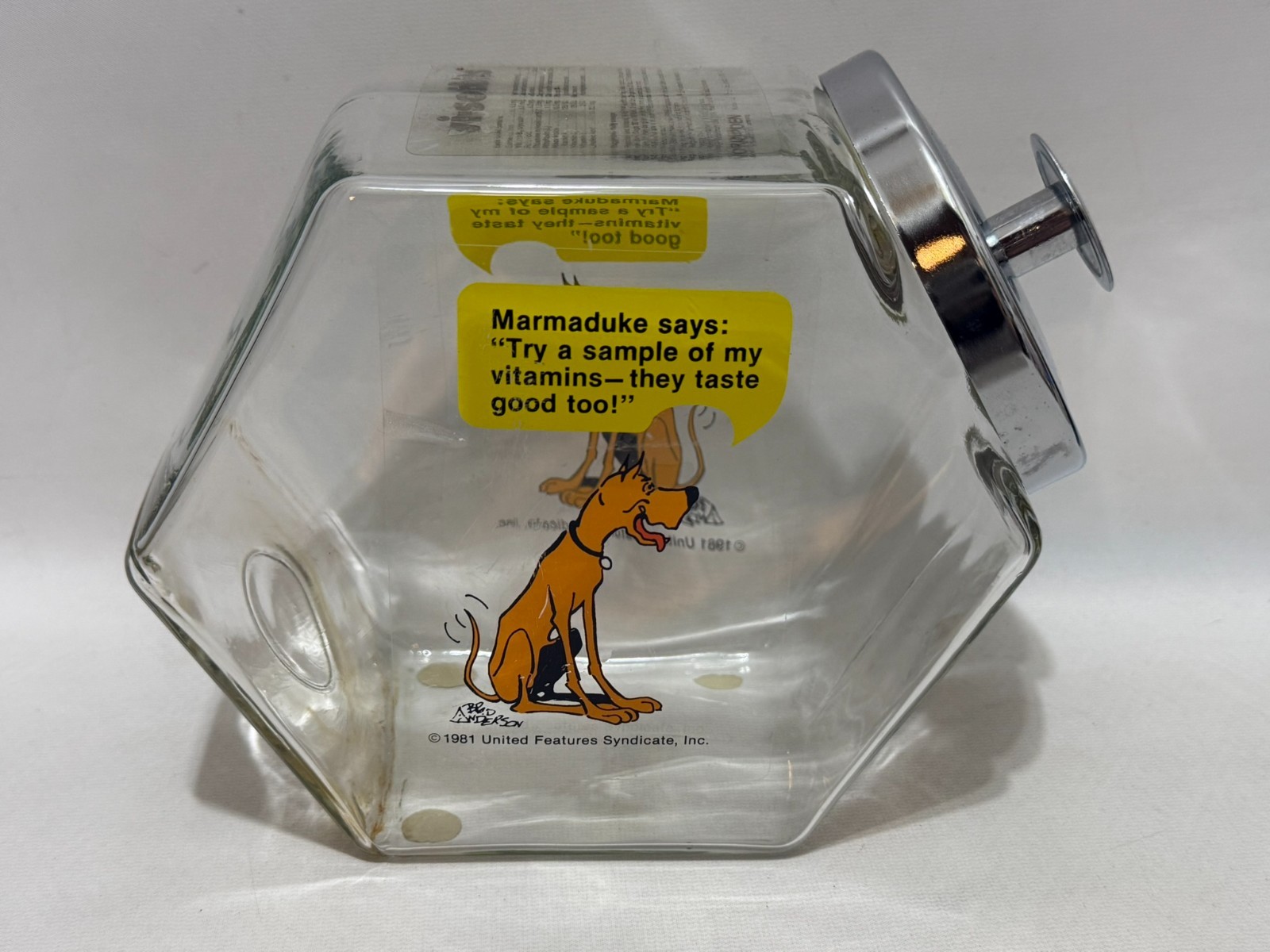 Vintage 1981 Marmaduke Retail Glass Countertop Store Display Dog Vitamin Sample