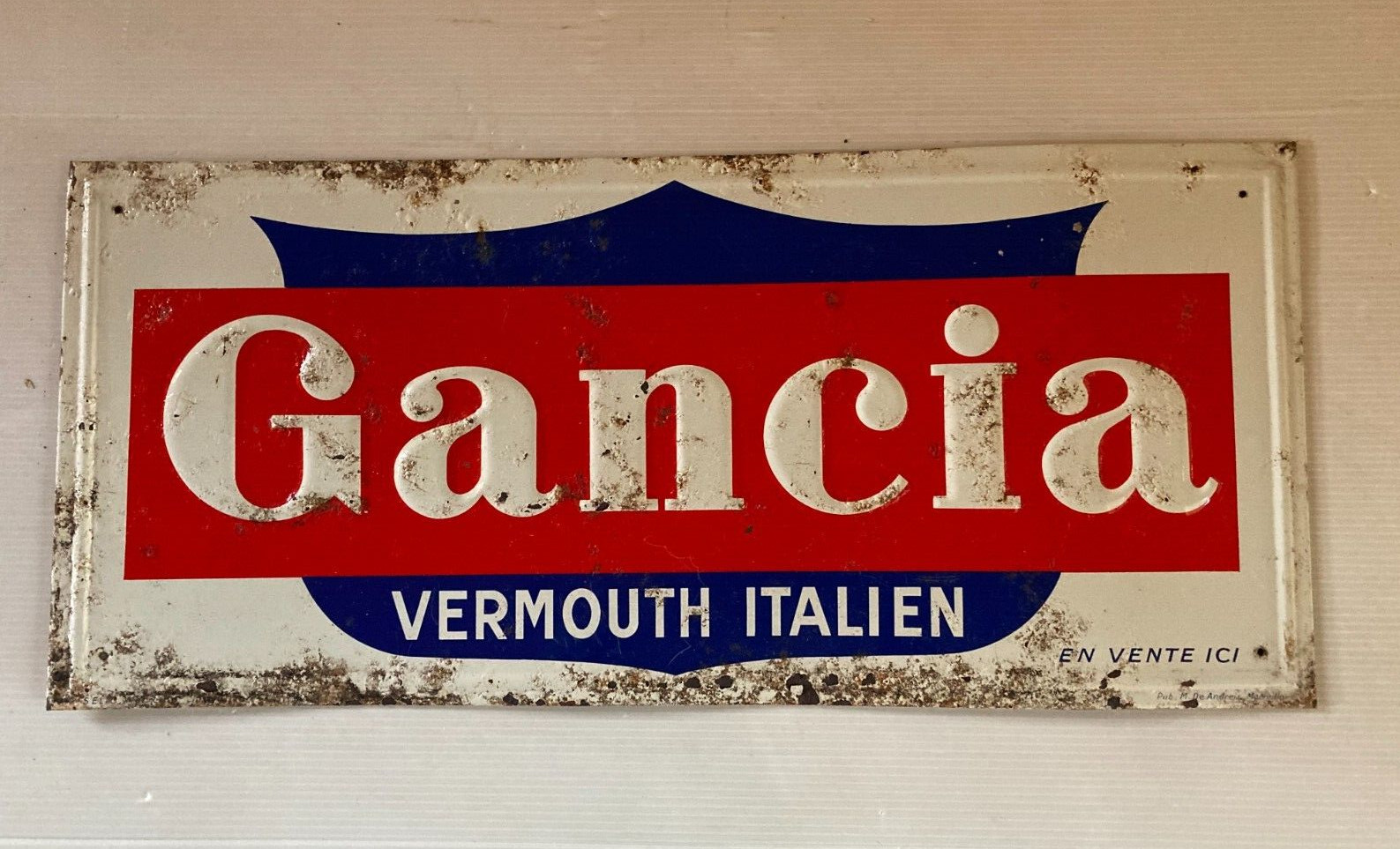 Ancienne Plaque 49×22 cm tôle relief GANCIA Vermouth Italien bar restaurant