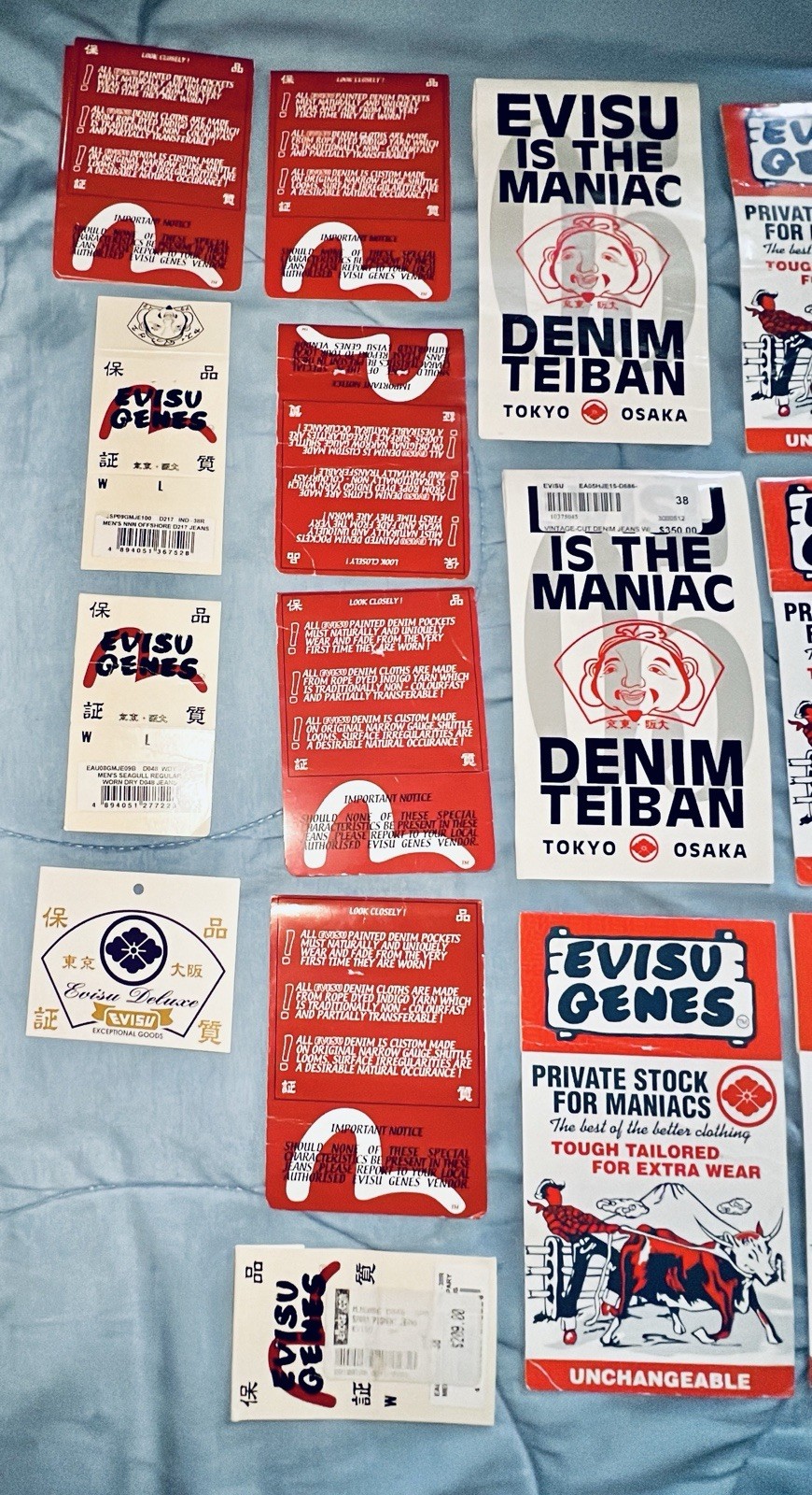 Lot Of 27 Original Evisu Genes Jeans Back Pocket Paper Store Flash Tags