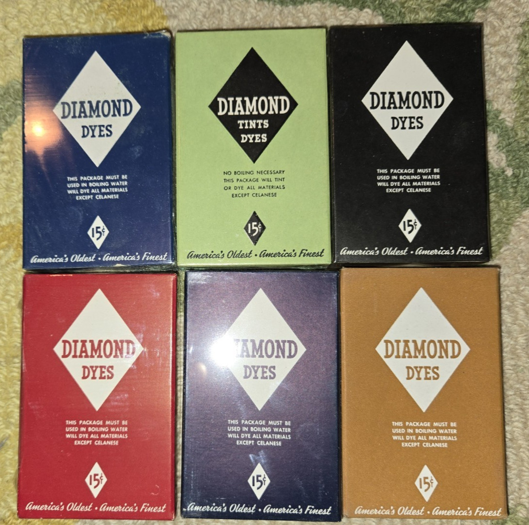 Lot of 6 DIAMOND DYES Full MINT Packages from 1930s NEW OLD STOCK & Trade Card