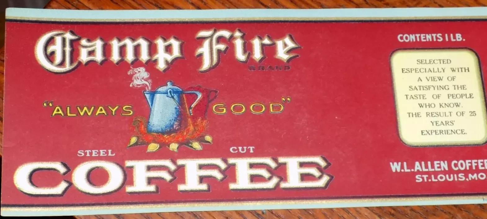 Antique Vintage Camp Fire Coffee Paper Can Label Allen Co St Louis Mo 17″ x 3.5″