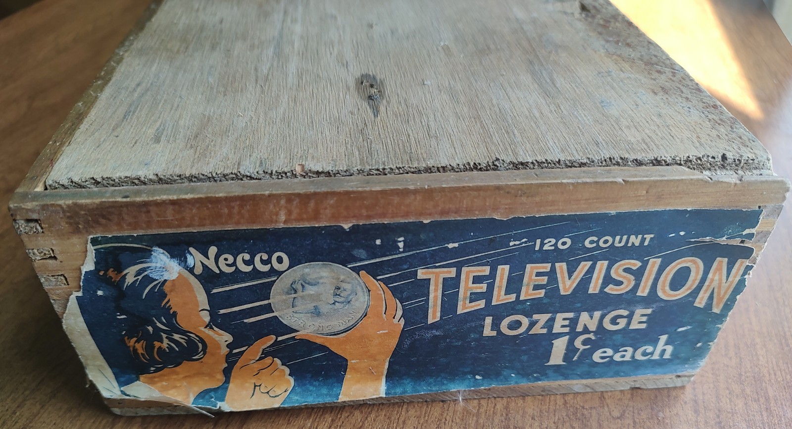 Rare Vintage Necco Television Lozenge Advertising Display Dovetail Wood Box