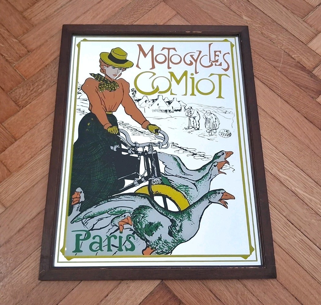 SILKSCREEN MIRROR ADVERTISING FRAME-MOTOCYCLES COMIOT PARIS-70s-VINTAGE