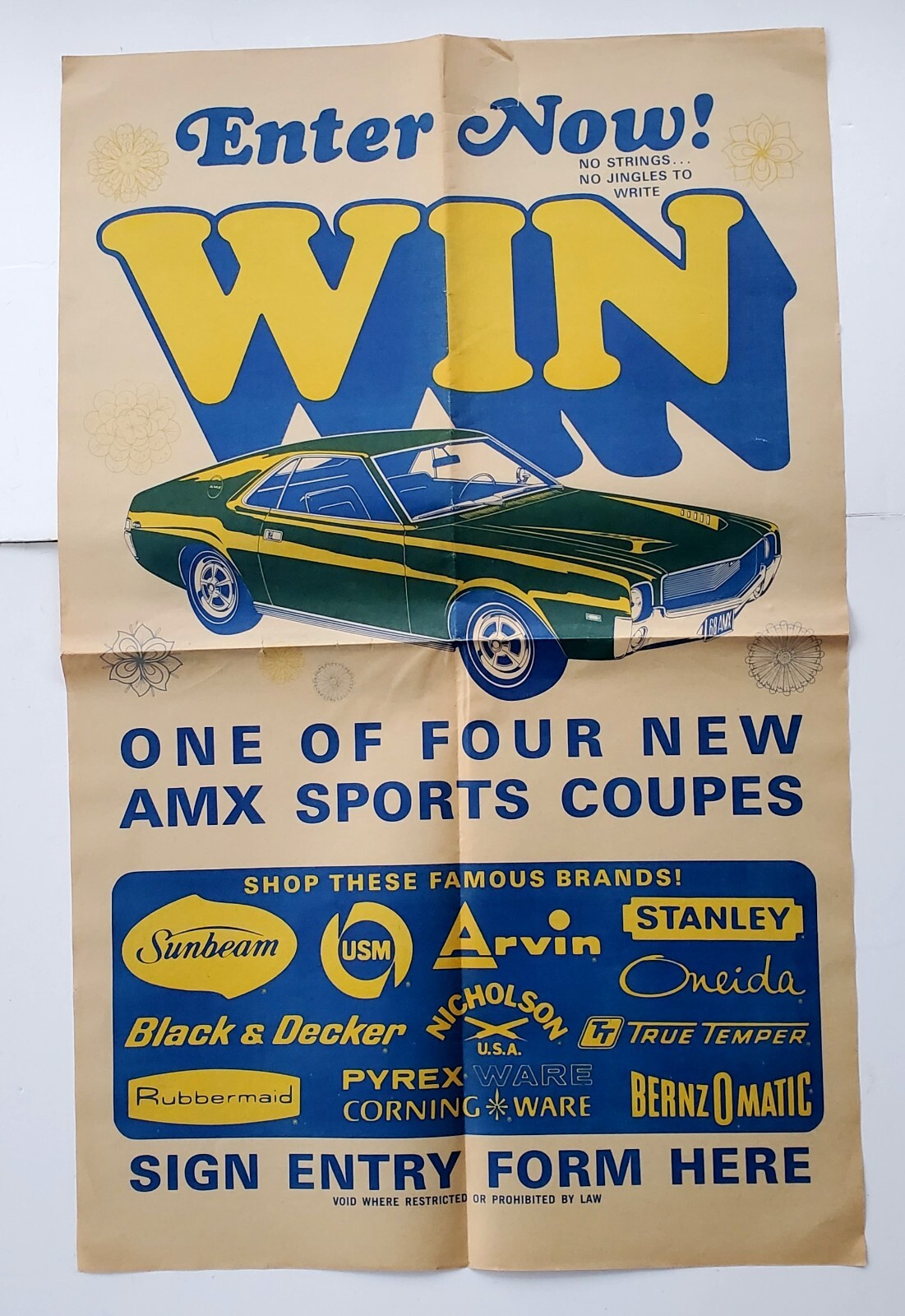 Vintage 1970’s Retail Store Automobile Sweepstakes Poster #1