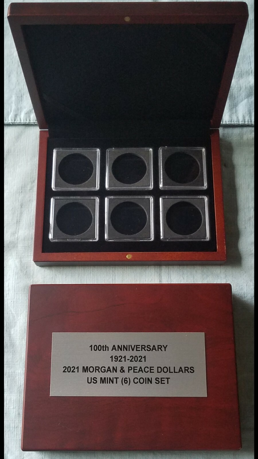 2021 MORGAN & PEACE DOLLAR 6 Coin Set SOLID WOOD Display W/ Plaque (NO COINS)