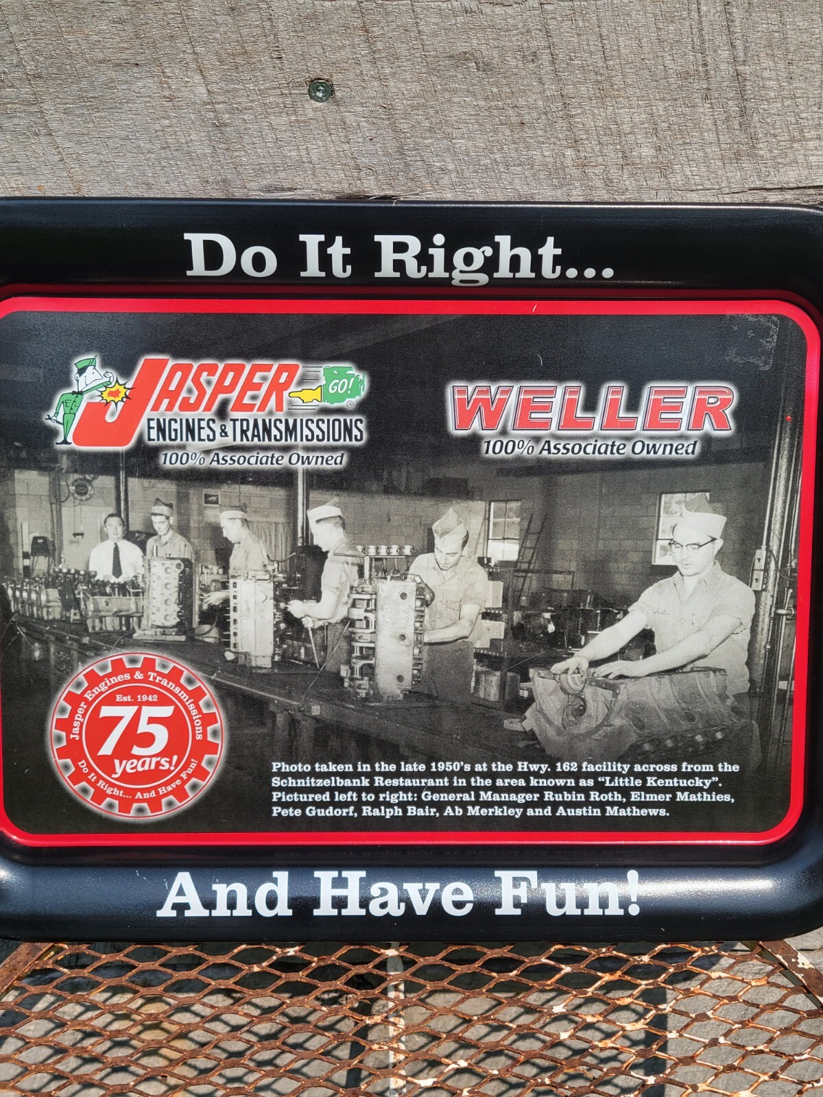 Jasper Engines & Transmission 75th Anniversary Metal Tray Sign Garage Art IN Ind